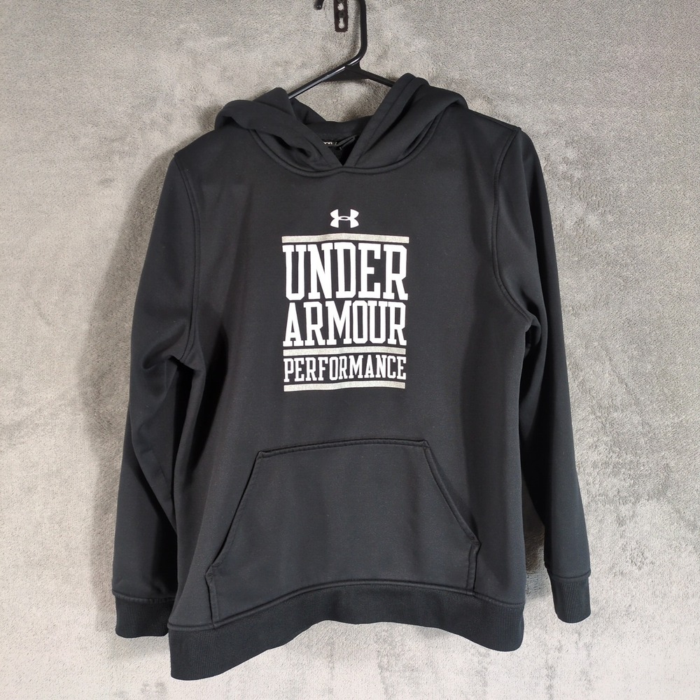Under Armour Performance Hoodie Kids Youth XL Black Graphic Pullover Sweatshirt‎